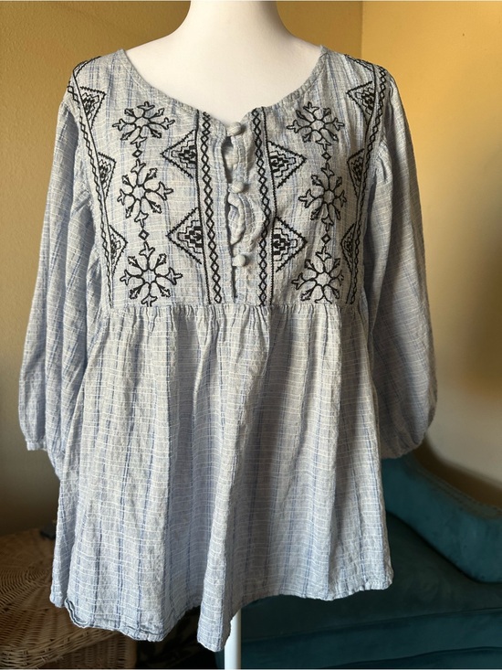 See And Be Seen Tops - See and Be Seen Peasant Blouse Oversized Navy Embroidered Boho Top 100% Cotton L